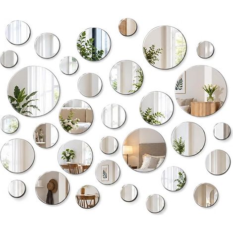 Lot de 32 Miroirs Autocollants Ronds, Petit Miroir Mural en Acrylique, 12-2cm Tailles Variées, Décoration Murale DIY, Salon, Chambre, Cuisine, Salle de Bain (1/5)