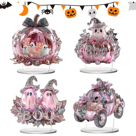 Halloween Table Centerpieces 4 Piece 2D Acrylic Cute Pumpkin Car Festive Desktop Ornament for Home Desk Entryway Cabinet Coffee Table Holiday Celebration (1/5)