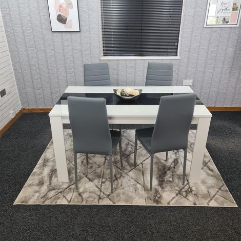 Dining Table and 4 Chairs White Black Wood 4 Leather Grey Chairs Dining Room (1/5)