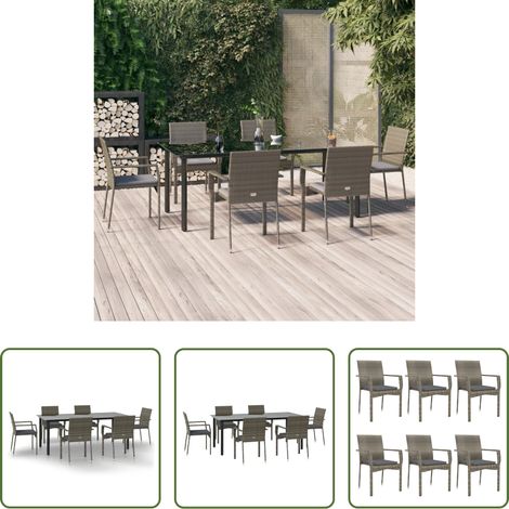 Gartenessgruppe - 7-tlg. Garten-Essgruppe mit Kissen Schwarz und Grau Poly Rattan (1/5)