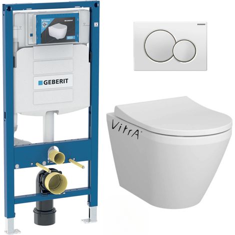 Pack WC Bati-support Geberit + WC Vitra Integra fixations invisibles + Abattant softclose + Plaque blanche (GebIntegraRimless-B) (1/5)