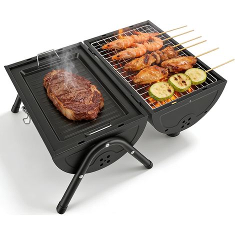 Portable Camping BBQ Drum BBQ Outdoor Barbecue for Beach, RV, Garden and Parties - Black, with 1 Baking Tray and 2 Grills (1/5)