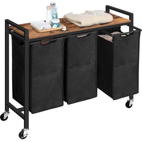 Laundry Basket, Laundry Sorter 3-Compartments, Laundry Hamper with Lid, Laundry Trolley on Wheels, Washing Baskets, HOOBRO EBF38XY01G1