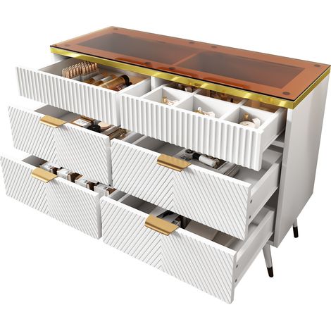 Buffet commode verre ambré, 6 tiroirs dont 2 à ouverture push-pull, structure métal, L120 x P40 x H76 cm,blanc (1/5)