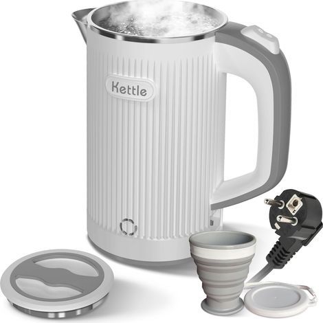 Hervidor eléctrico portátil con taza plegable, hervidor eléctrico de viaje de 800 ml, ebullición rápida, acero inoxidable silencioso, hervidor pequeño, baja potencia, apagado automático, pro (1/5)