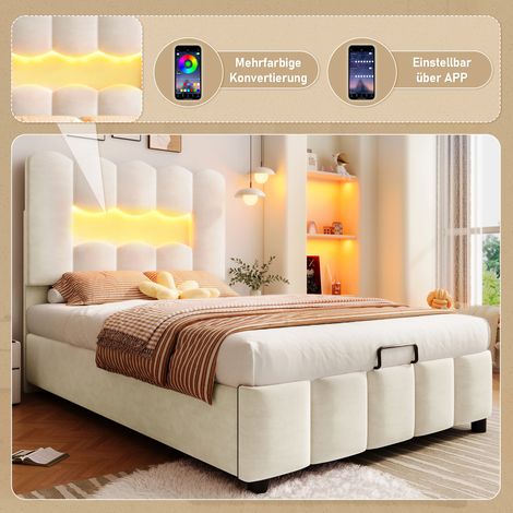 Lit 90x200 cm velours beige, sans sommier ni matelas, mécanisme hydraulique, tête de lit ajustable, éclairage LED intégré