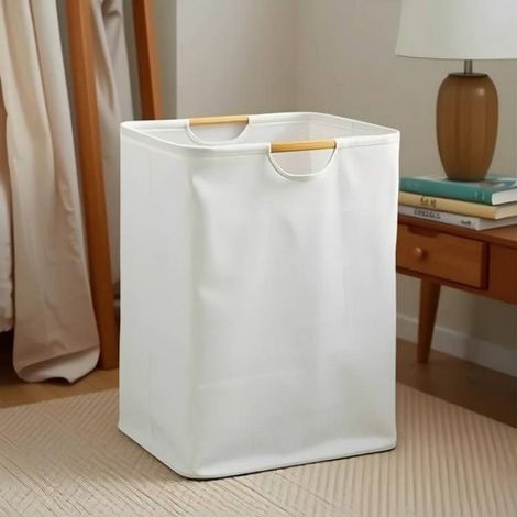 Panier à linge pliable blanc crème en coton lin 40x30x60 cm, lot de 2, poignées bois, panier rangement pour vêtements domestique (1/5)