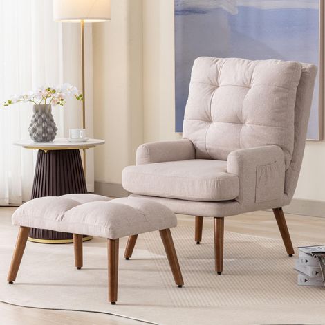 Poltrona relax reclinabile con poggiapiedi, schienale regolabile in 5 posizioni, tasca laterale, poltrona TV imbottita in tessuto - Beige