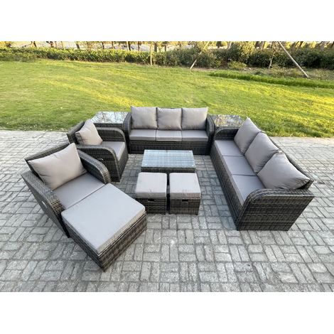 Fimous Ensemble de canapés en rotin avec Canapé 3 places Chaise inclinable 3 Tabourets Canapé 3 places 2 Tables d'appoint Gris foncé mixte (1/5)