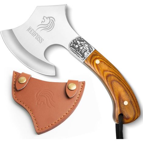 Kleine Camping Axt mit Lederscheide, Outdoor Beil mit Holzgriff, Survival Werkzeug