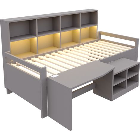 GagaLit enfant 90x200 cm avec bureau, LED et rangements, gris (1/5)