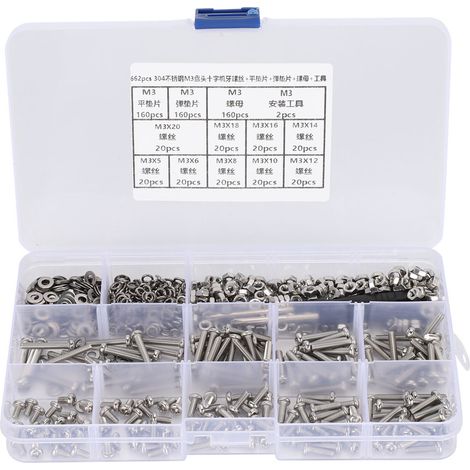 Set DIY de 662 Pièces - Vis M3 à tête ronde + Écrous + Rondelles (inox 304) (1/5)