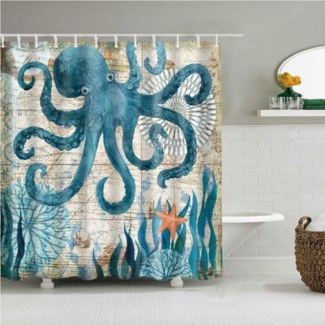 Home Rideau de Douch,Lavables, Imperméable et Anti-moisissure Imprimé avec Motif élégant Rideaux de Salle de Bains avec 12 Anneaux Crochets 180 x 180cm (Colorful-Octopus)- (1/5)