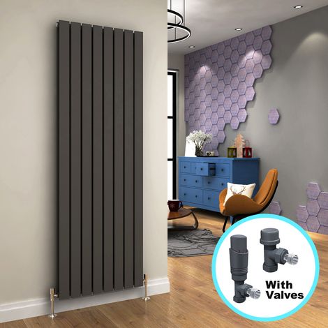 ELEGANT 1800 x 608 mm Vertical Designer Radiator Anthracite Flat Double Panel Column Tall Upright Central Heating Radiators + Anthracite Thermostatic Radiator Valves (1/5)