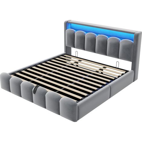 Cama con almacenamiento 180x200 cm de terciopelo gris con LED, USB-C y MODENUIT (1/5)