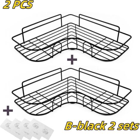 (B-Noir, lot de 2) Étagère de salle de bain, accessoires de salle de bain, étagère de rangement pour shampoing, porte-cosmétiques, étagère métallique sans perçage, organisateur de condiments, étagère (1/5)