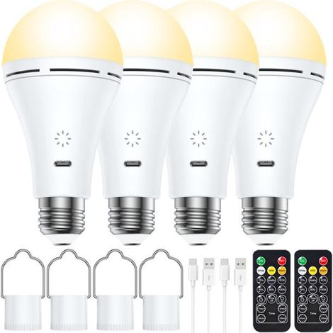 Ampoule Rechargeable avec Telecommande - Ampoule sans Electricite 3 Couleur Dimmable - Ampoule USB 9W Ampoule sans Fil E26 Tactile - 4 Pack (1/4)