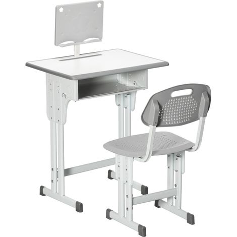 Kids Adjustable Desk and Chair Set, Book Stand, Pen Slot - Grey (1/5)