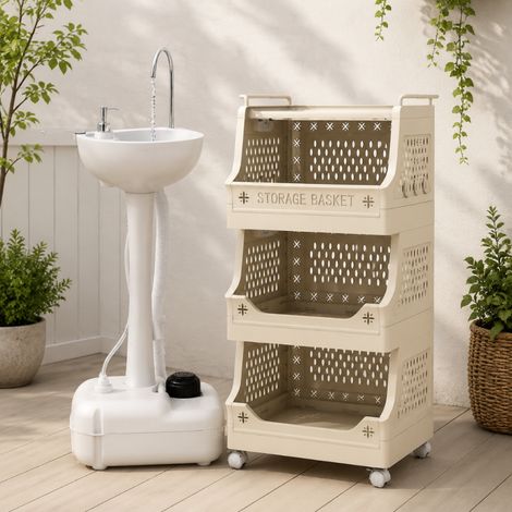 Set da bagno portatile per esterni (2 pezzi) – Lavandino da campeggio da 17 L e cesto portabiancheria a rotelle a 4 ripiani (1/5)