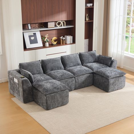 Grand Canapé modulable 4 places avec 2 poufs,Tissu en chenille gris,Combinaison libre,Porte-gobelets et poches latérales,322x161x75cm
