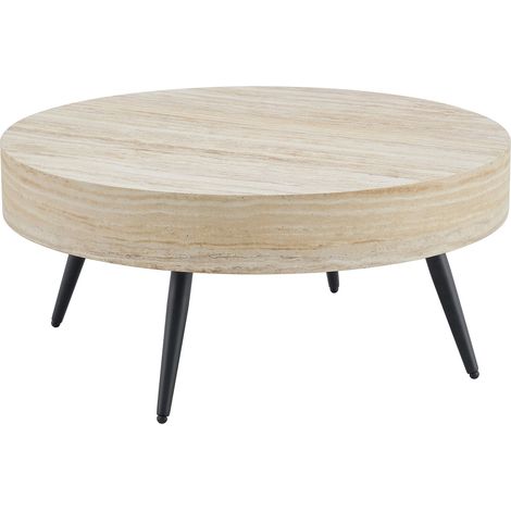 Table basse ronde 70 cm en MDF finition travertin clair avec pieds en métal noir (1/5)