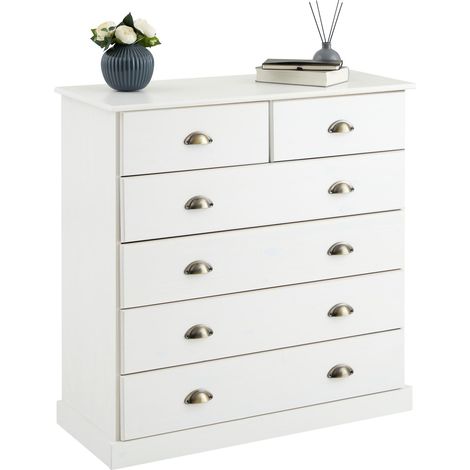Idimex – Commode enfant 6 tiroirs en pin massif blanc – Dimensions 95 x 91 x 39 cm – Poignées coquille en métal bronze – Style traditionnel (1/5)