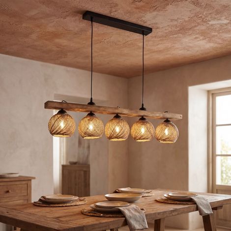 Hängeleuchte Metall Stoff E27 H: max. 93 cm Schwarz Natur geflammtes Holz Kugelschirm Modern