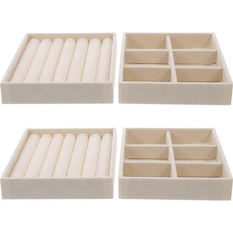 Lot de 4 plateaux de rangement en velours pour bijoux, empilables et dotés de séparateurs. Présentoir à bagues miniature pour tiroir, accessoires de comptoir. (1/4)