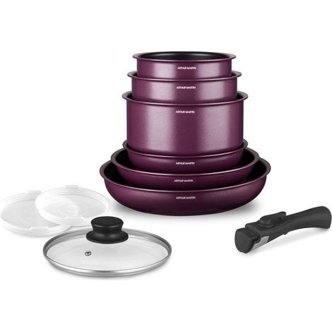 Batterie de cuisine - Tous feux dont induction - ARTHUR MARTIN - AM2991 - Aluminium revetement anti-adhésif - 10 pieces - Prune (1/5)