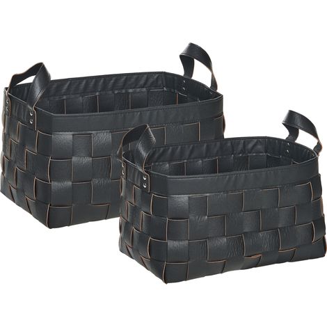 Conjunto de 2 cestas de almacenaje hechas a mano con asas de piel sintética negra Sippar