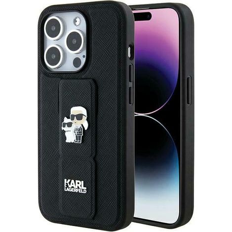 Karl Lagerfeld KLHCP14LGSAKCPK iPhone 14 Pro 6,1" schwarze/schwarze Hartschalen-Schutzhülle mit Standfuß, Saffiano Karl&Choupette Pins (1/5)