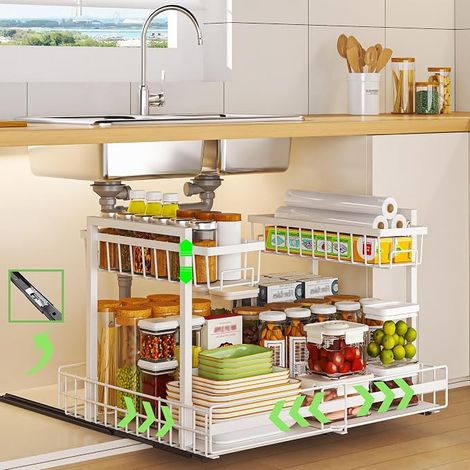 Organisateur Cuisine Avec Tiroirs Amovible, Rangement de Cuisine Coulissant, Rangements Sous Évier, Organisateur Sous Évier pour Salle de Bain, Armoire, Placard (Blanc) (1/5)