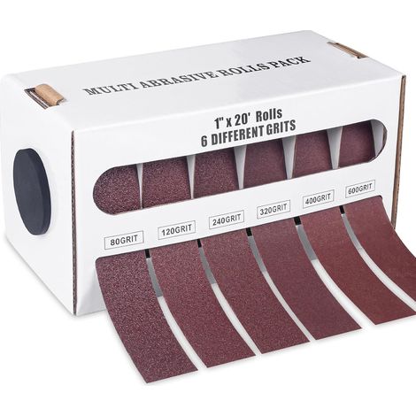 6 rouleaux de papier abrasif avec distributeur, toile abrasive de 2,5 cm x 6 m, grain 80/120/240/320/400/600, toile abrasif pour bois, métal, meubles, peinture, placoplâtre (1/5)