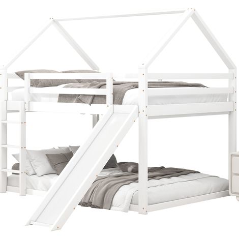 Letto a castello per bambini a casetta con scivolo e scala reversibili, due superfici letto 140x200 cm, bianco, per cameretta - CHICFURN (1/5)
