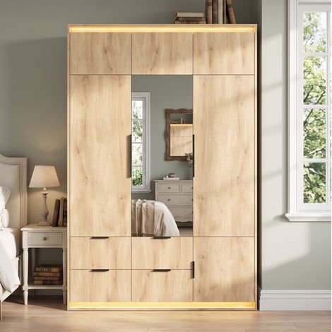 MODFU – Armario 135x47x200 cm de MDF con espejo, LED, 4 cajones, ropero, 3 puertas y carga 30/20 kg – Roble (1/5)