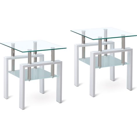 Set de 2 tables d'appoint blanches verre trempé, 2 niveaux, table chevet et salon, plateau carré, montage facile (1/5)