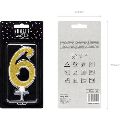 Bougie d'anniversaire numéro 6, dorée, 10 cm, 1 pièce.