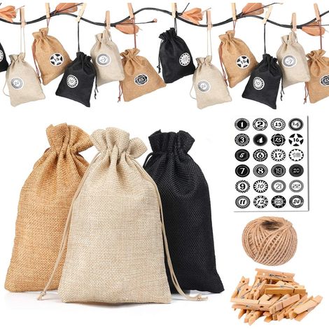 24 Stoffbeutel für den Adventskalender, 24 Zahlenaufkleber, DIY-Weihnachtsgeschenktüten, dekorative Anhängerbeutel, Aufbewahrungsbeutel für Kleinteile