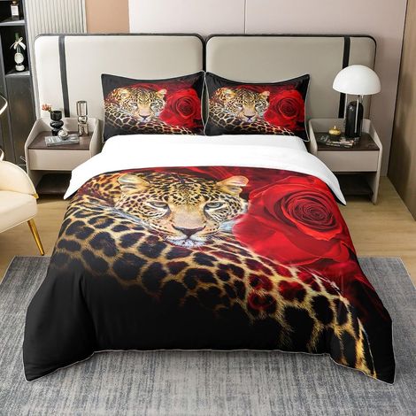Leopard Parure de lit 100% Coton Filles Garçons Enfants Roses Rouges Housse de Couette 100% Coton décoration Safari Cheetah imprimé Faune thème Luxe Housse de Couette 140x200cm Zip - 140 x 200 cm + 1 (1/5)