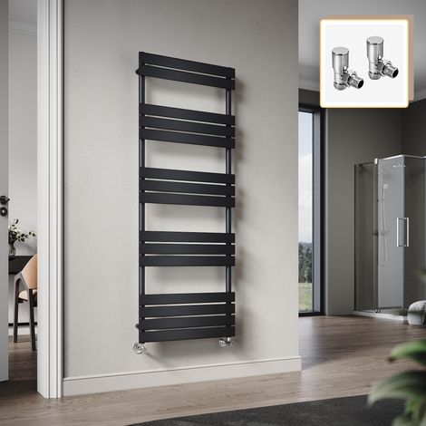 Elegant 1600 x 600mm Heated Towel Rail Black Radiator, Flat Panel Design Tower Hanger, Wall Mounted Ladder + Angled Radiator Valves