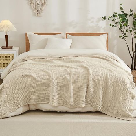 Couvre-lit mousseline coton 274x229 cm marron clair, léger respirant, king size toutes saisons (1/5)