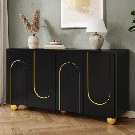 Buffet 4 Portes - 140x40x74cm - Sideboard de Salle à Manger Moderne avec Lignes d'Arches Dorées et Pieds Boules - Noir (1/5)