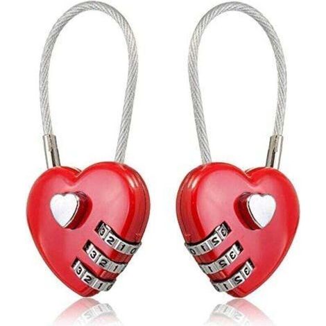 2 Heart-Shaped Wire Rope Padlocks with Resettable Digital Combination Lock for Suitcases and Bags (1/4)