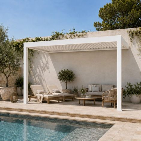 Pergola Bioclimatique Aluminium Adossée Motorisée Éclairée 4x3,5 Blanc Caleta France (1/5)