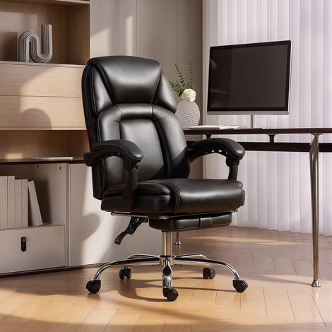 Silla de oficina reclinable con acolchado grueso, reposapiés, silla de escritorio giratoria de cuero sintético con respaldo alto, reposabrazos acolchados, altura ajustable, ruedas, capacidad de carga 