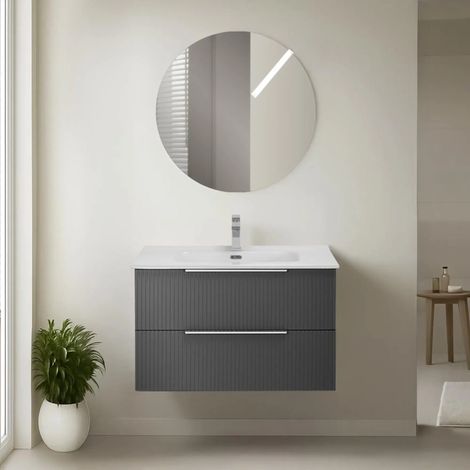 Mobile bagno sospeso 80 cm grigio cannettato con lavabo e specchio tondo Zena (1/5)