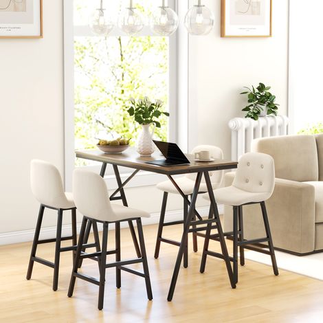Ensemble bar 5 pièces, table et 4 chaises, capitonnage à boutons, revêtement épais aspect lin, beige (1/5)