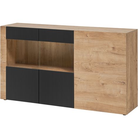 Buffet Aron avec vitrine et éclairage LED - Bois MDF noir mat et chêne Ribbeck - 160 x 93 x 40 cm - Livraison gratuite (1/5)