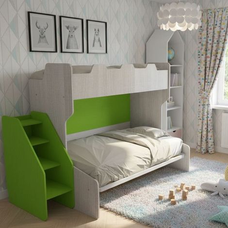 Letto a castello 3 posti con terzo letto estraibile e scaletta contenitore - Una piazza e mezza - Rovere rock e Verde mela