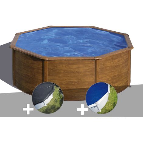 GRE – Piscine hors sol ronde acier aspect bois 3,70 x 1,22 m – Volume 10,10 m³ – Système de filtration à sable inclus – Échelle de sécurité